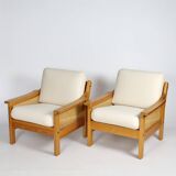 Pair of 70s cane and pine armchairs