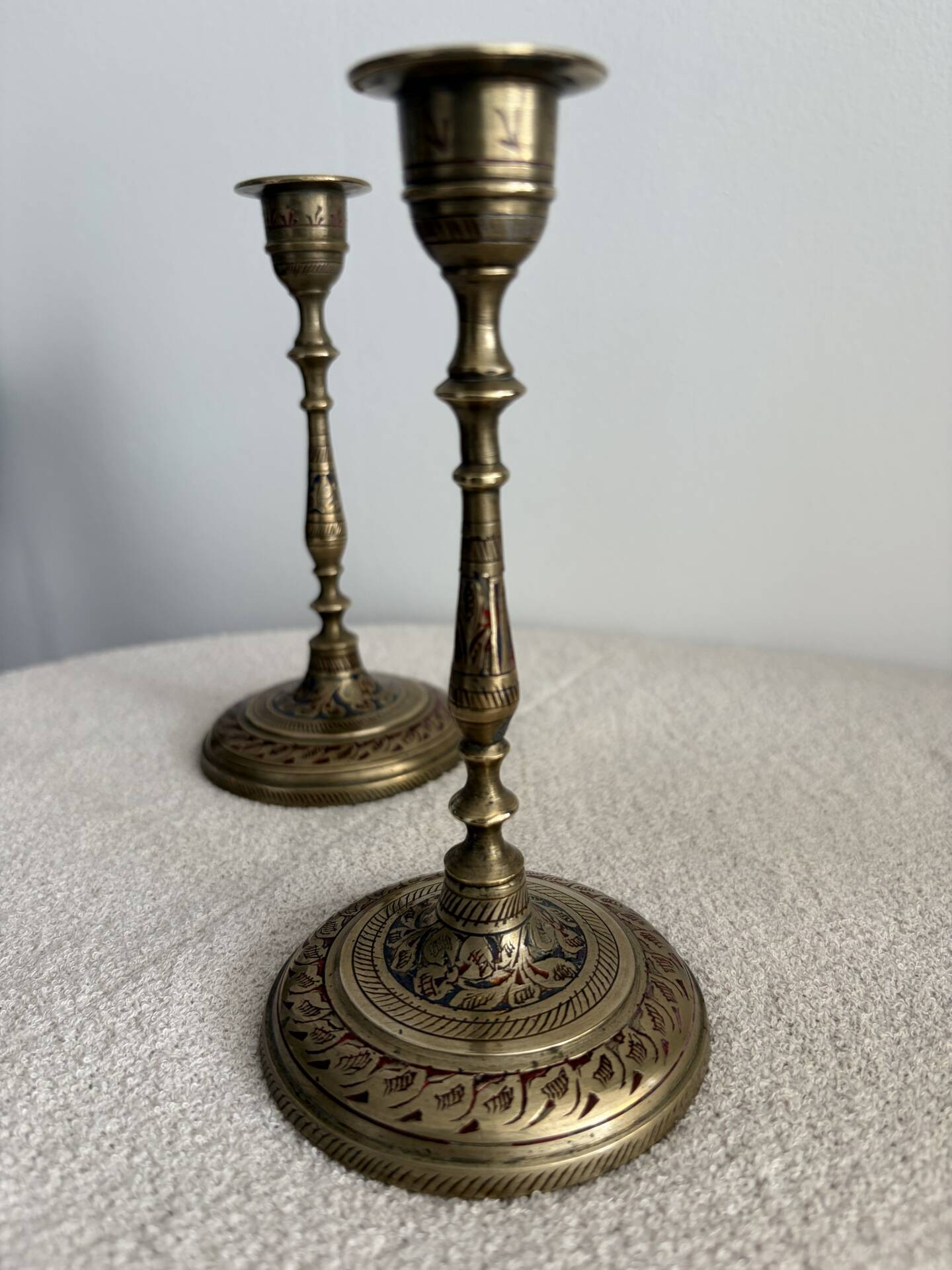 Pair of Vintage Etched Brass & Enamel Candlesticks - India,Mid-Century