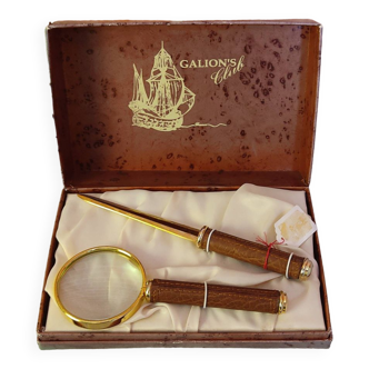 Magnifying glass and paper cutter box in leather and brass