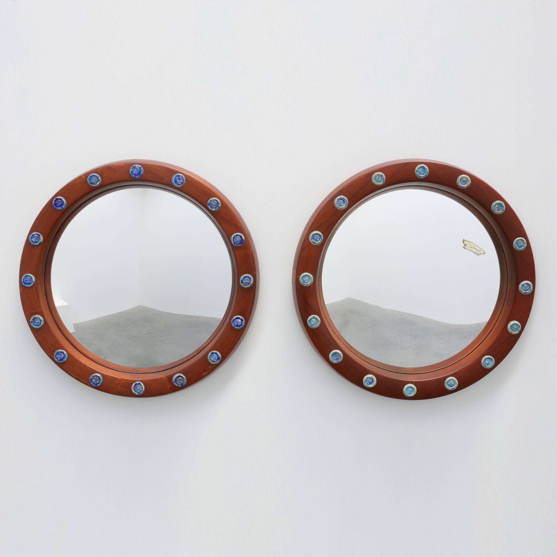 Pair of Deknudt Round Mirrors with Blue Ceramic Studs, Belgium, 1960s