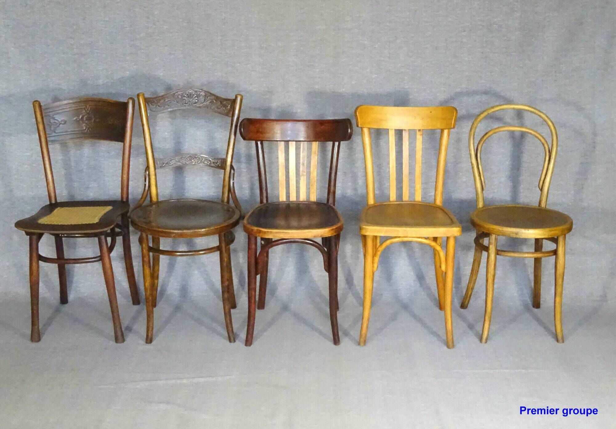 Set of 24 mismatched bistro chairs, curved wood, 1920 to 1955 Thonet...