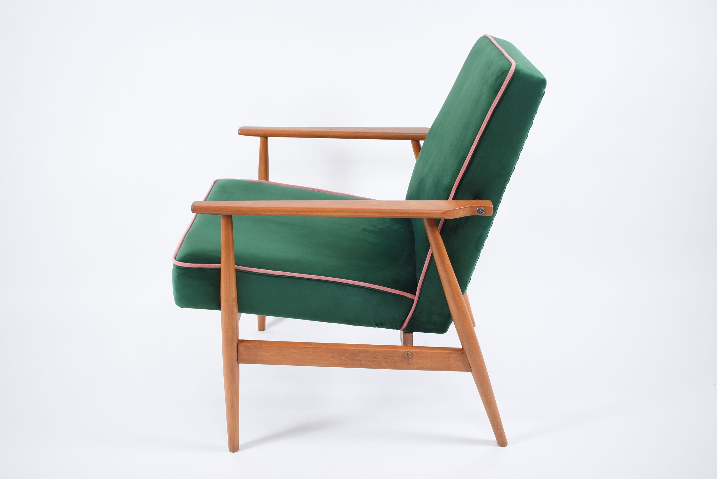 Vintage armchair, fully renovated, 1970s, green bottle velvet, pink edge
