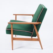 Vintage armchair, fully renovated, 1970s, green bottle velvet, pink edge