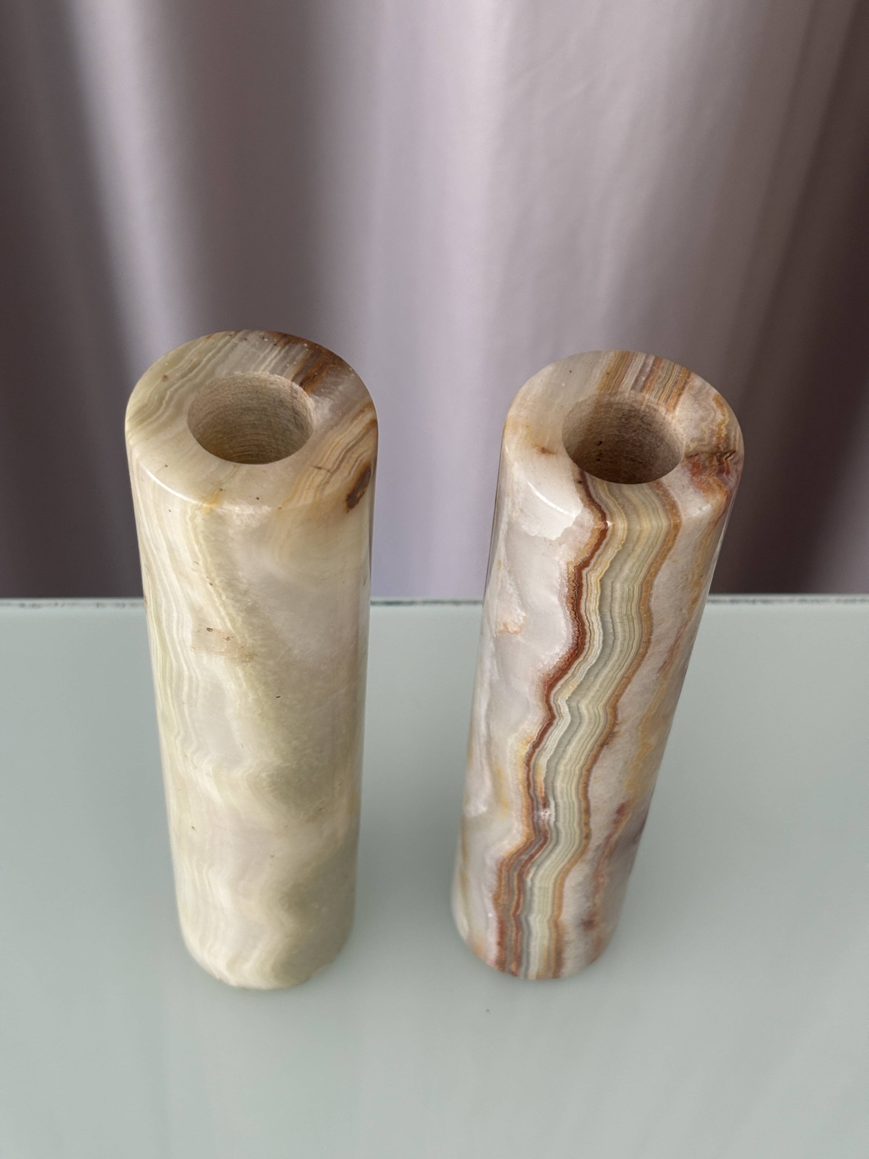 Vintage Alabaster Bud Vases / Candlesticks – Pair – Italian Stone – 20 cm