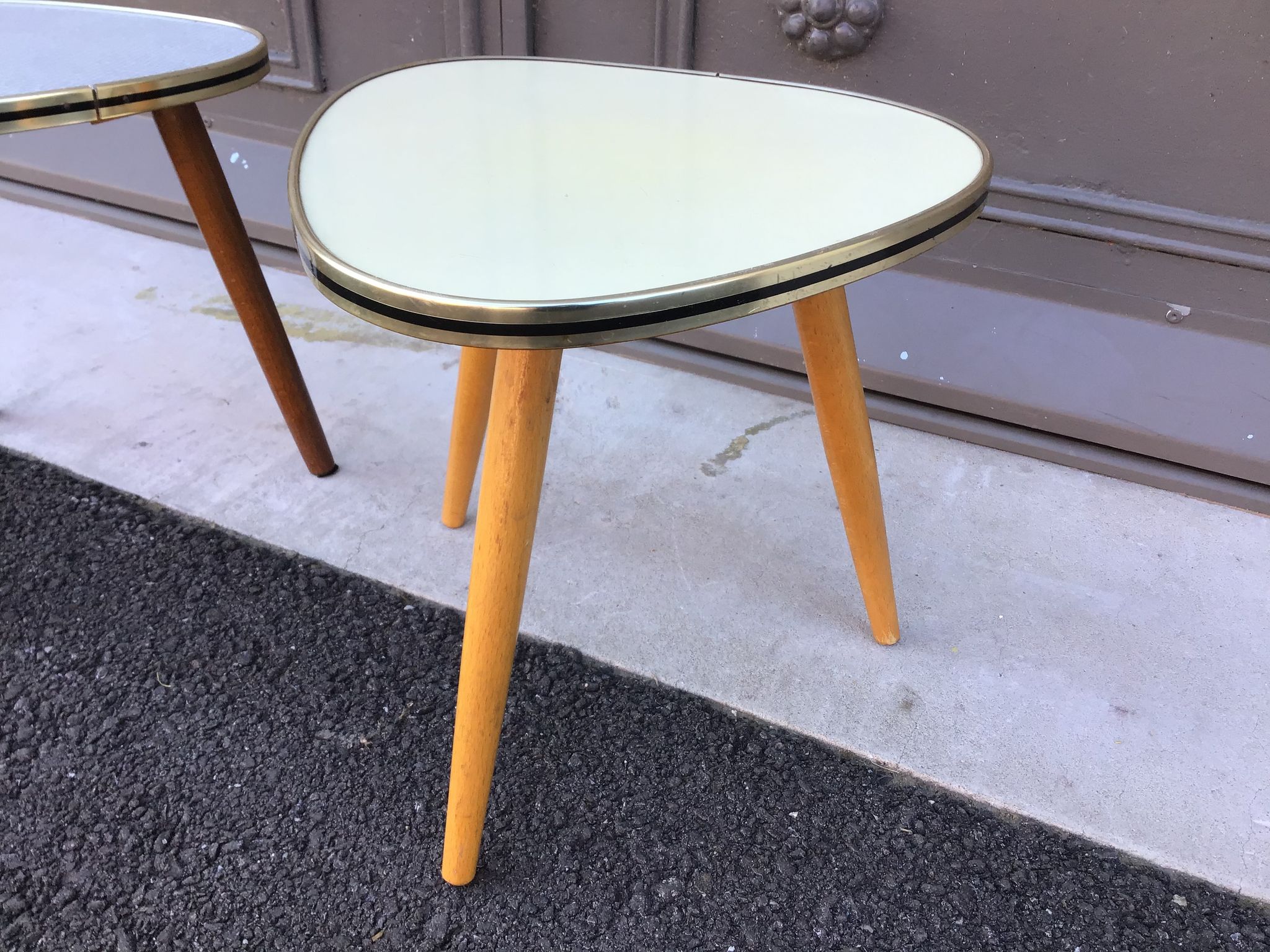 Pair of Healers Formica small coffee coffee table tripode door plant midcentury 50s