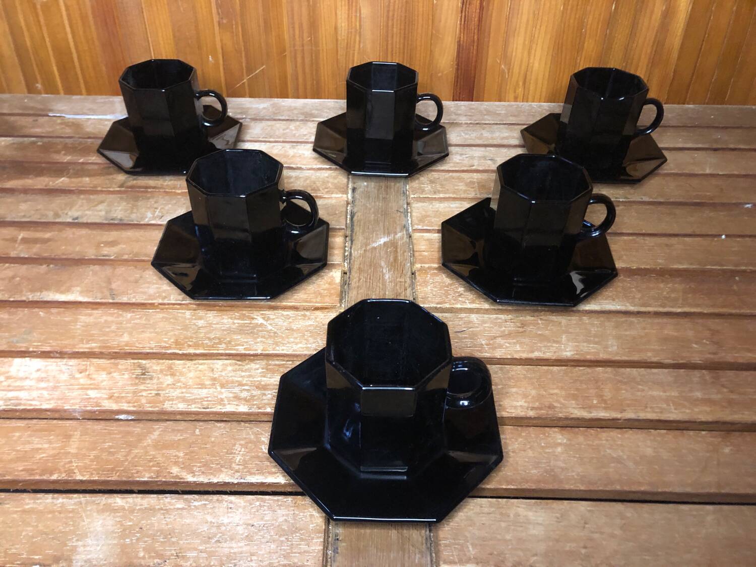 Series of 6 cups & saucers esso collection noire france vintage #a538