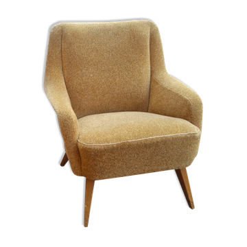Fauteuil club danois accoudoir vague années 50/60 jaune beige