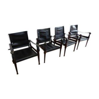 SERIES OF 4 SAFARI CHAIRS FROM THE 1970S IN ROSEWOOD AND LEATHER