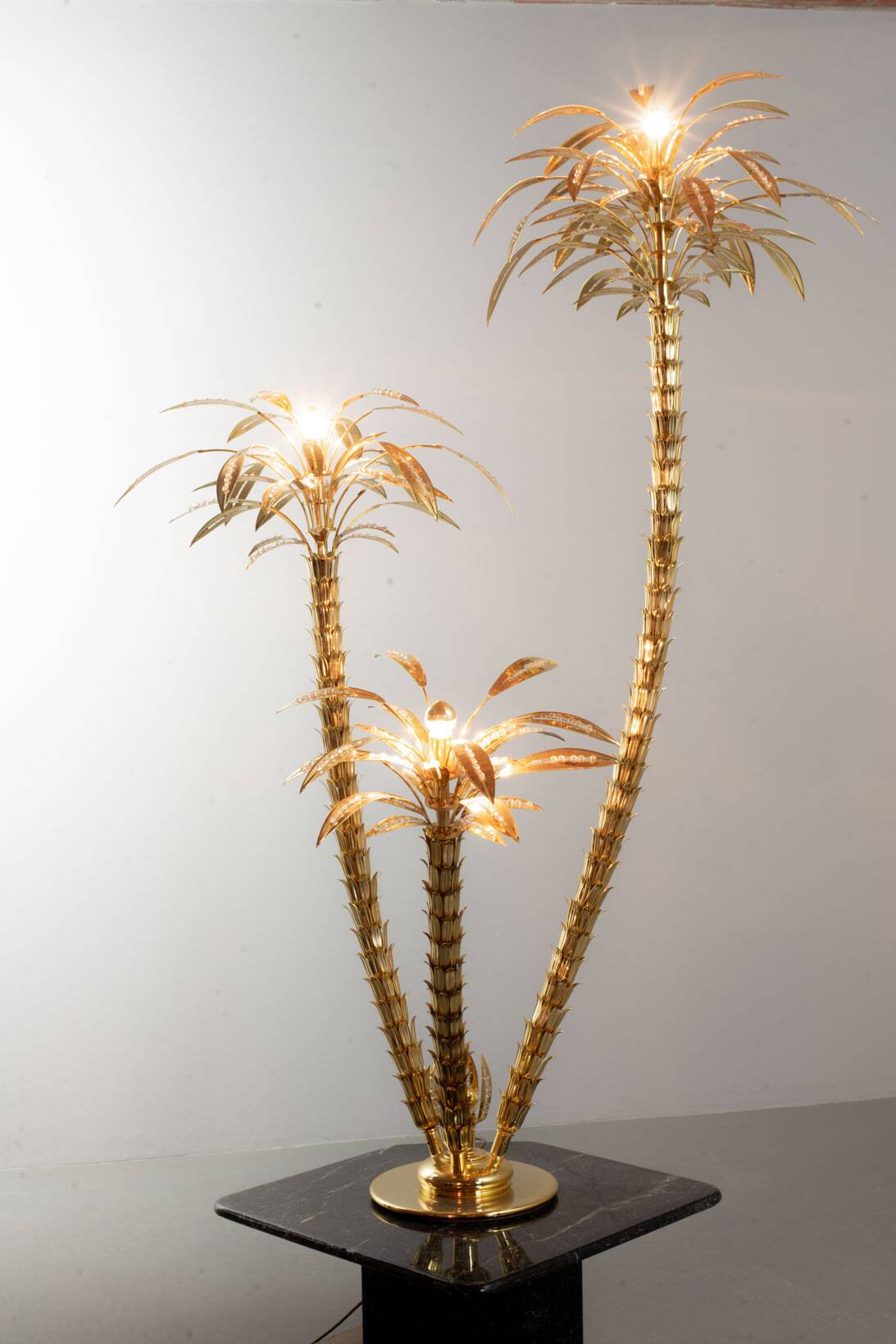 Exquisite Italian Golden Palm Tree Floor Lamp with 3 Sparkling Branches 70s