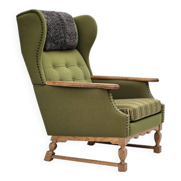 Années 1970, fauteuil danois à dossier haut, laine, chêne