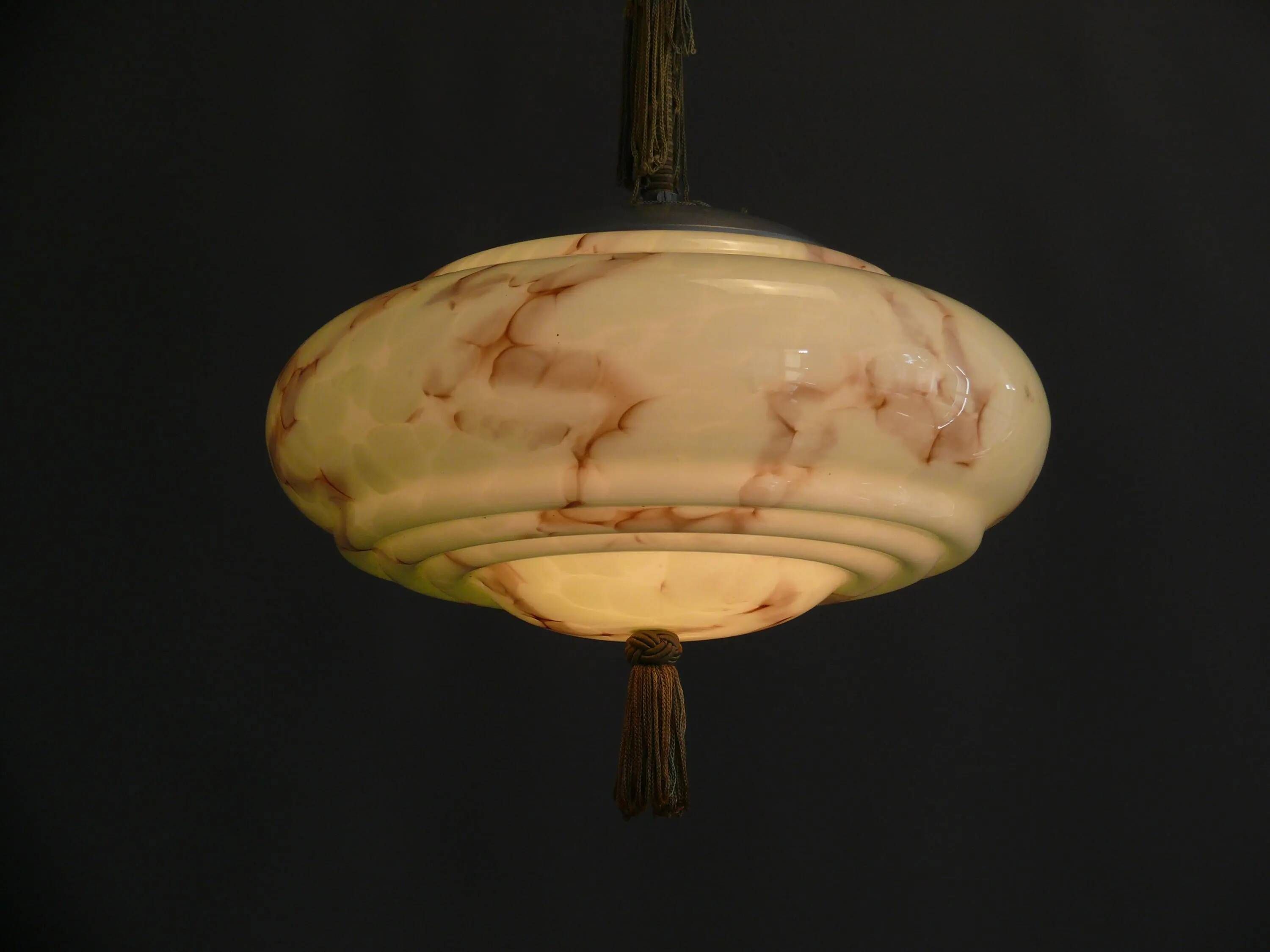 Art Deco Pendant Light with Twisted Stem, Marbled Effect, Metal and Brass - 1930s