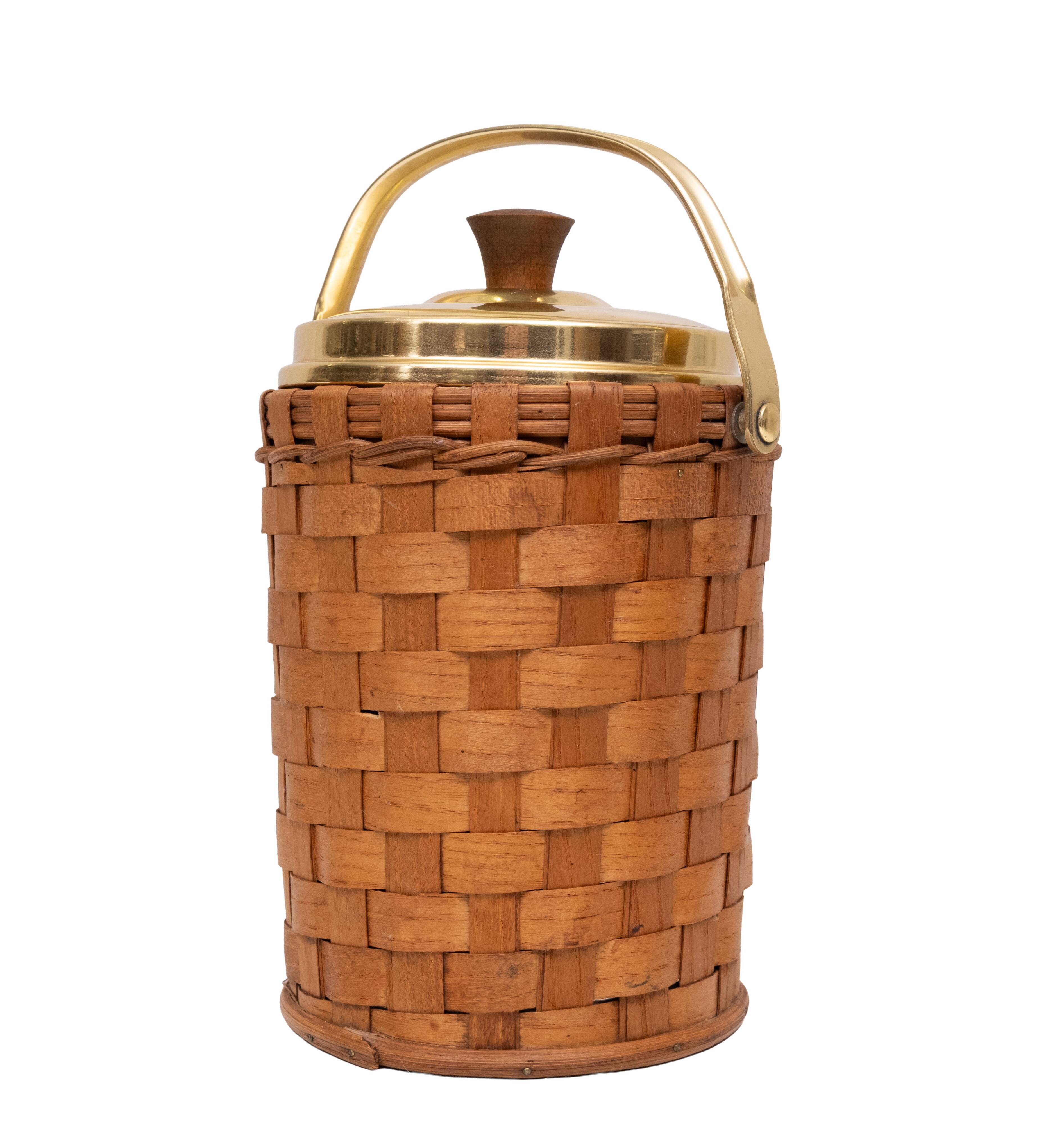 Wicker Ice bucket Brass lid and ice tongs 1960s
