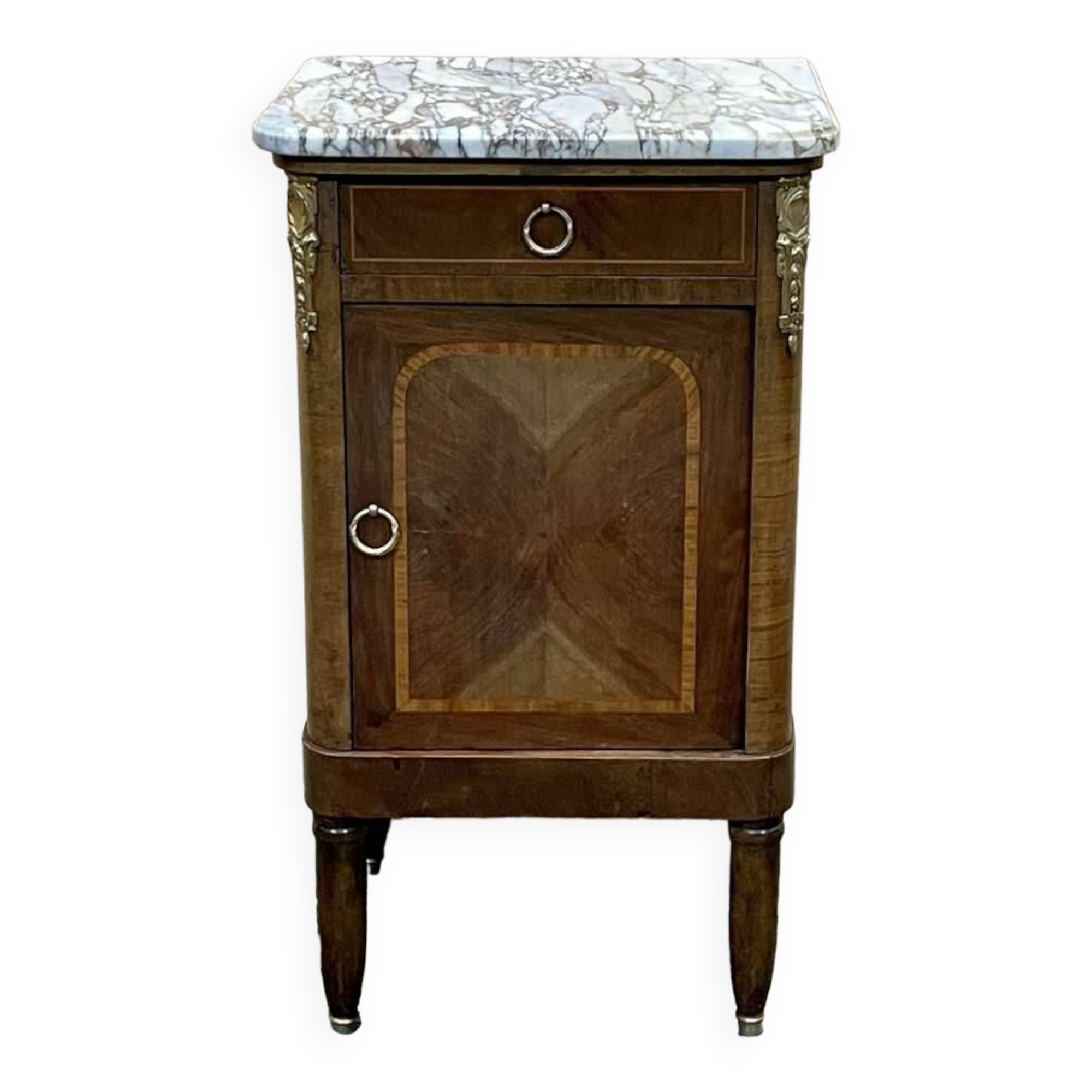 Bedside table in marquetry and white marble top, early 20th century