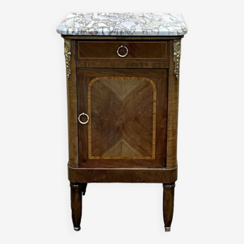 Bedside table in marquetry and white marble top, early 20th century
