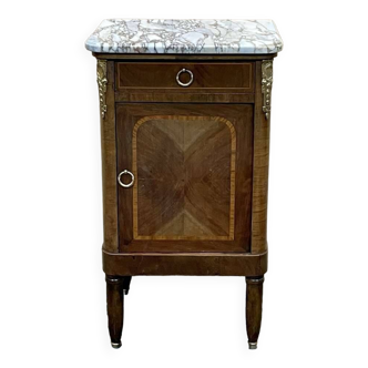 Bedside table in marquetry and white marble top, early 20th century