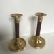 Pair of Scandinavian brass and teak candle holders