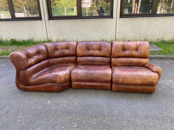 Canapé modulaire en cuir marron de cognac Italie 1970