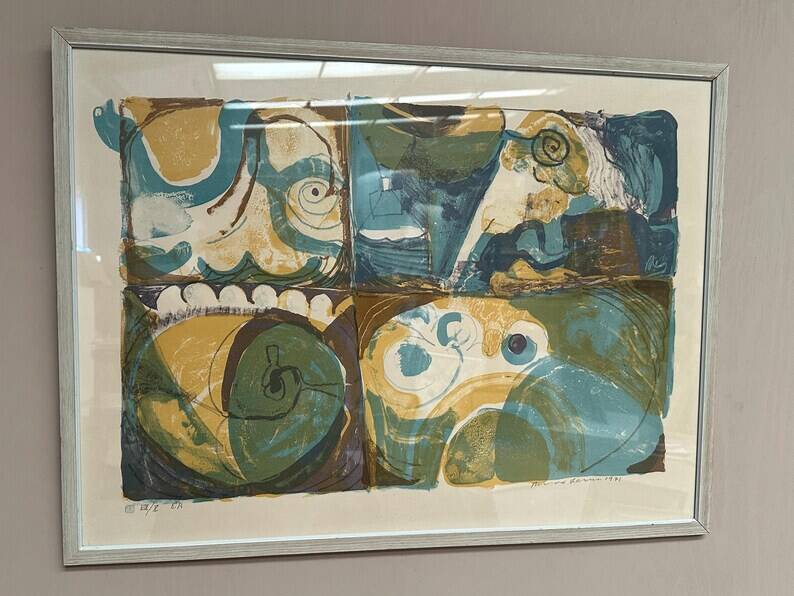 Large Original Swedish Graphic Sheet – "Composition" by Thormod Larsen – 1971 – Vintage and Framed – 79 × 59 cm (31.1" × 23.2")