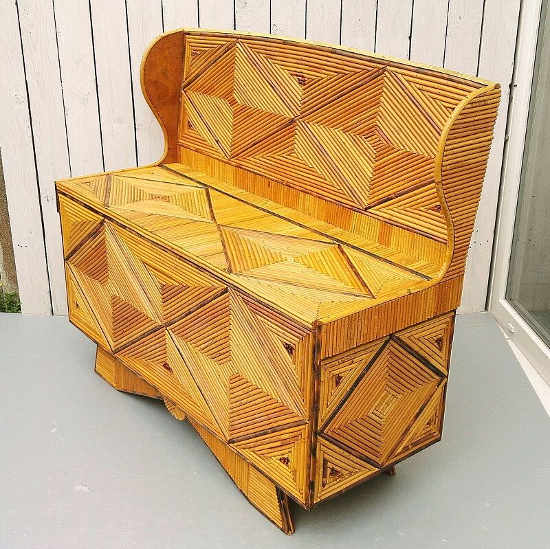 Chest bench, rattan marquetry, vintage 60's