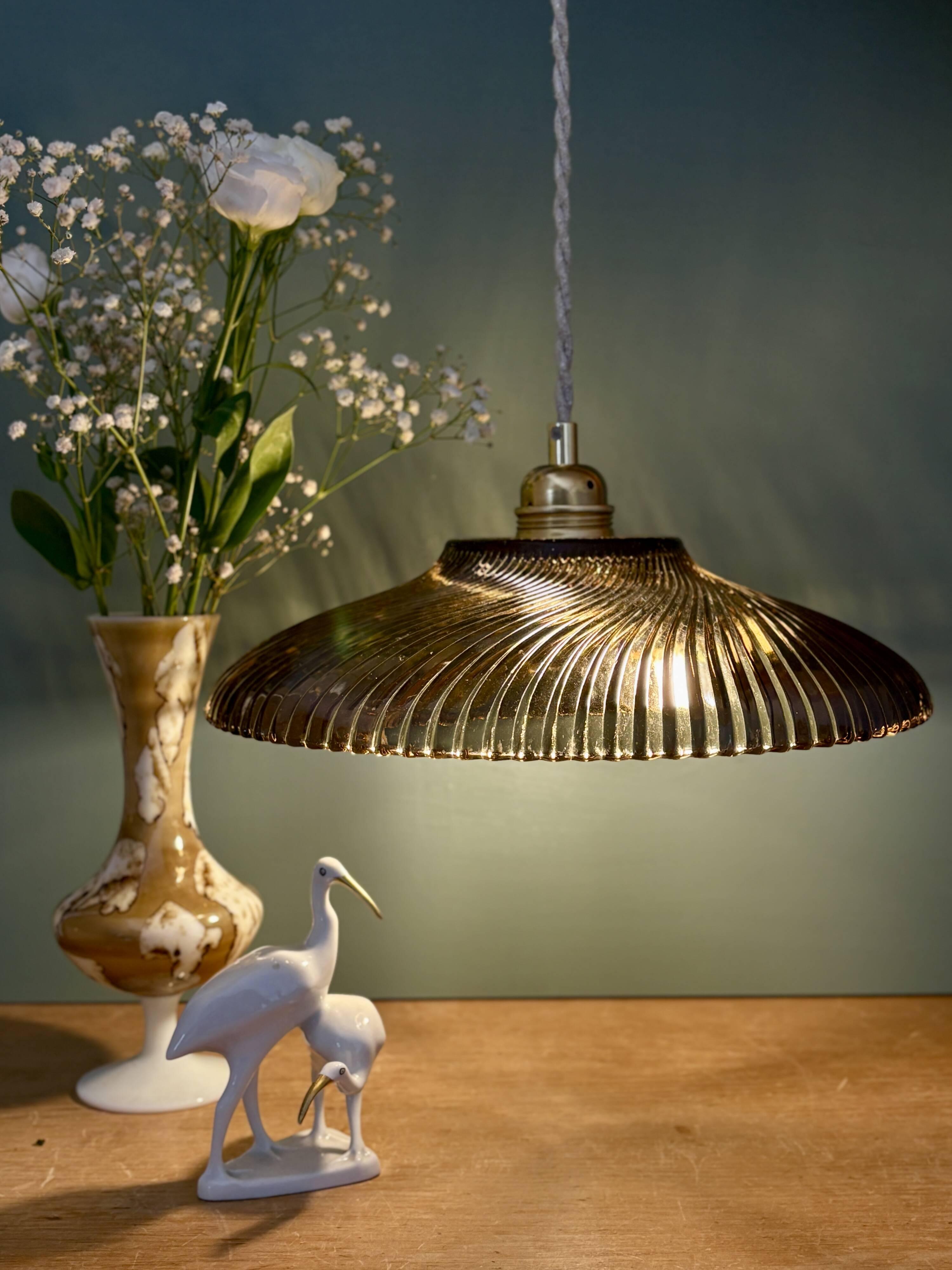 Vintage amber molded glass lampshade pendant light - tableware collection -
