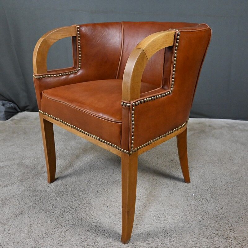 Set of 4 Art Deco armchairs in walnut and leather – 1940