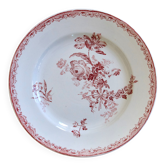 Round antique plate made of pink ironstone, signed Sarreguemines, Fontanges collection.