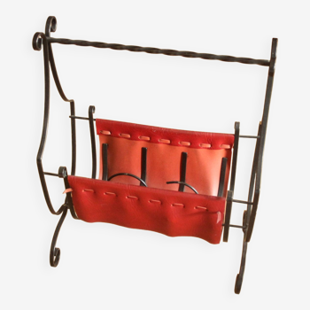 Magazine rack made of wrought iron and leather, vintage from the 1970s