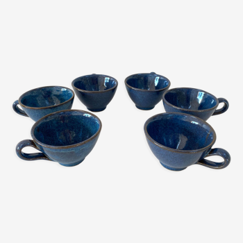 Set of 6 cups or cider bowls in glazed blue stoneware