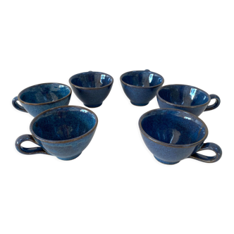 Set of 6 cups or cider bowls in glazed blue stoneware