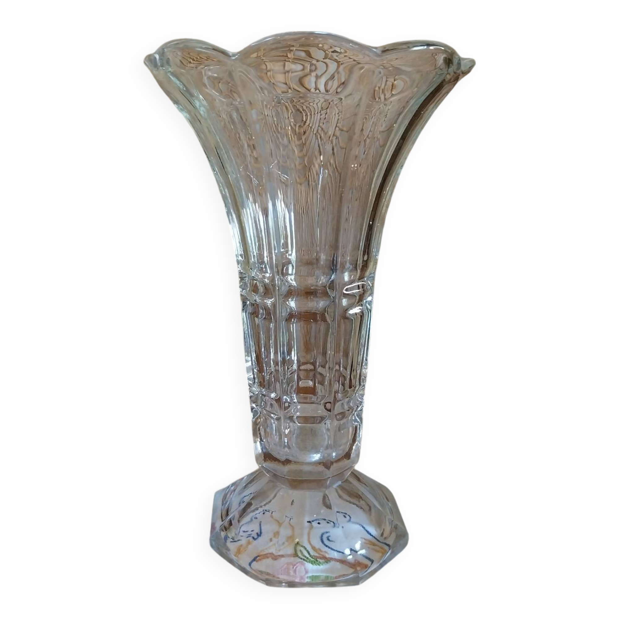 Vase tulipier vintage en verre moulé pressé
