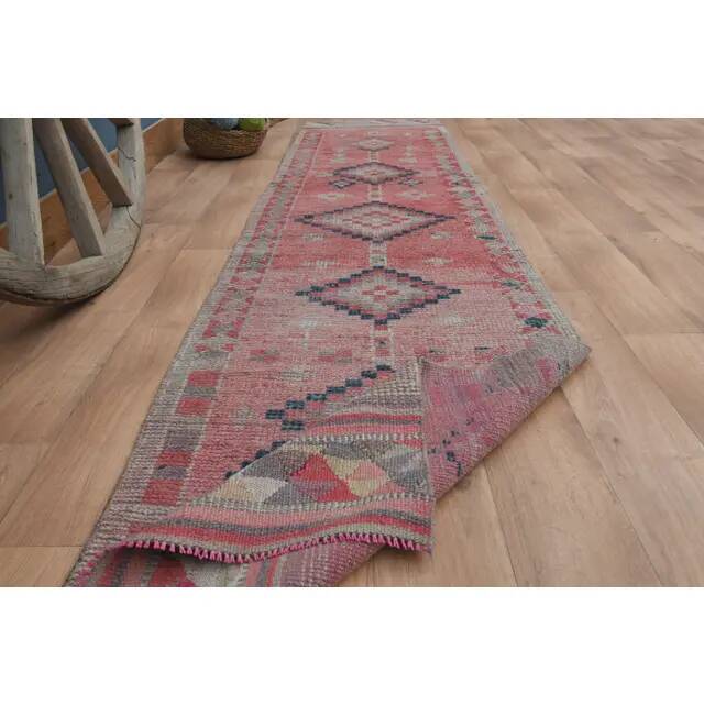 1970s Vintage Turkish Handmade Wool & Cotton Pink Runner Rug 75x318