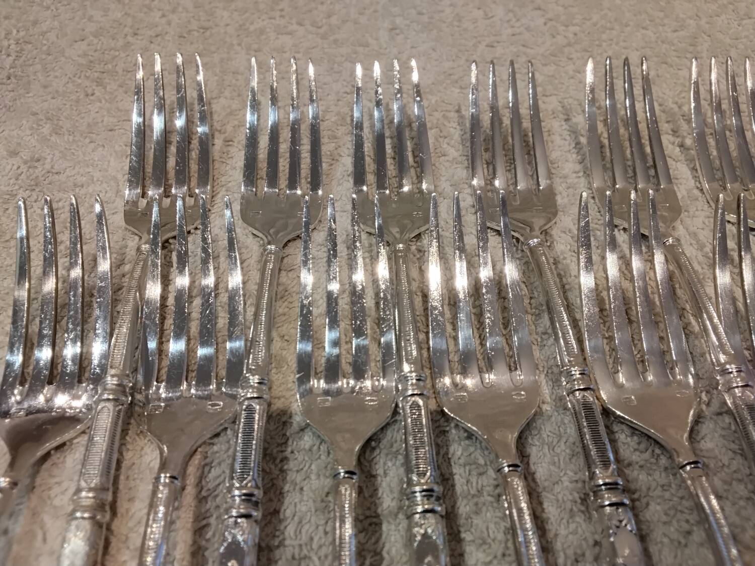 12 four-pronged lunch forks, silver-plated metal, SFAM silversmith, Russian style