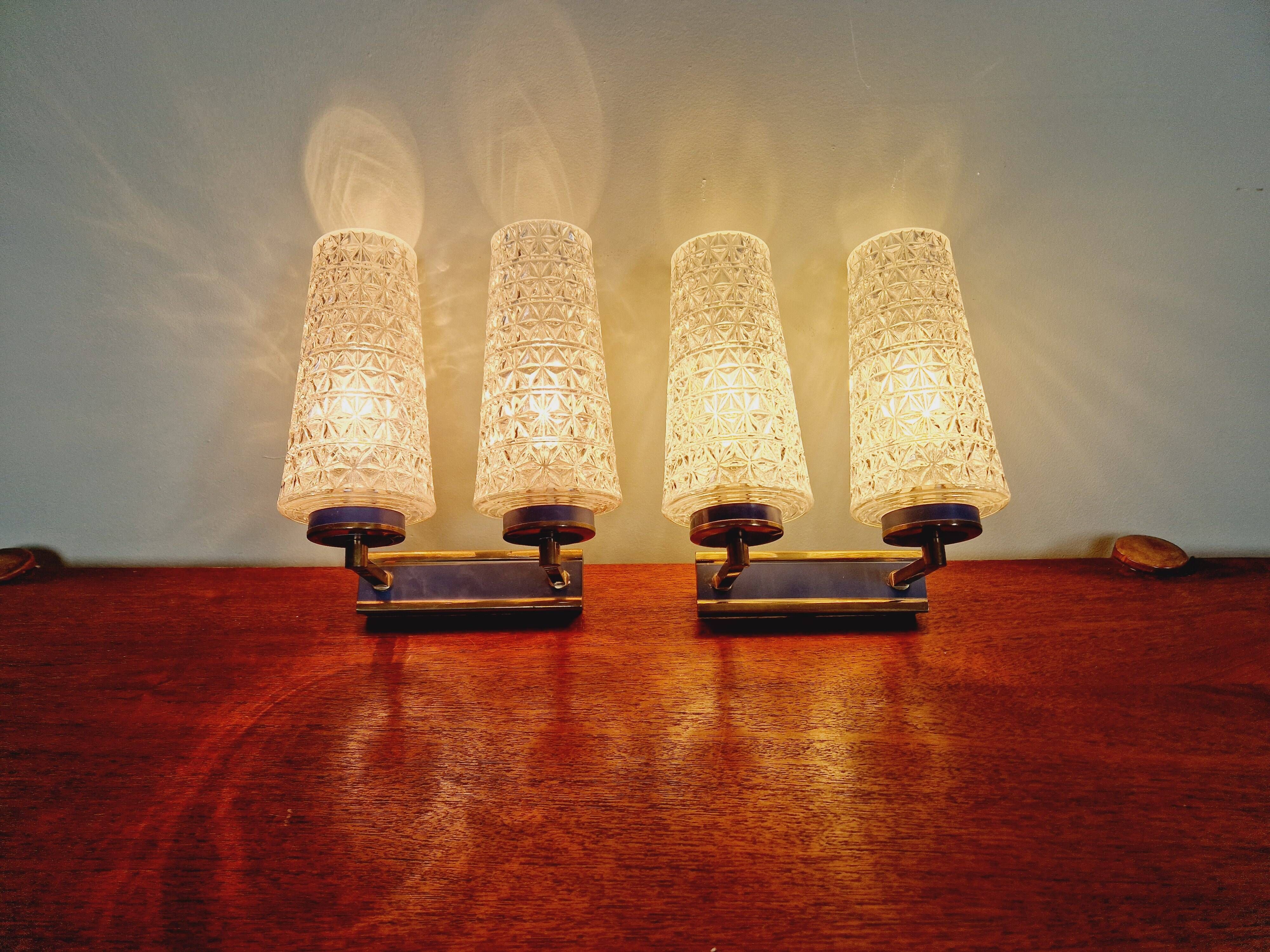 Pair of double wall lights in glass and blue lacquered metal, 1950s-60s