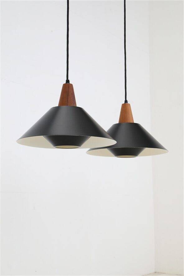Set of 2 black mid-century pendant lamps by Elfi / 1960s / 1970s / Danish modern design