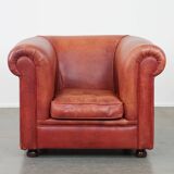 Cowhide Leather English Chesterfield Club Chair in a Light Red Tone