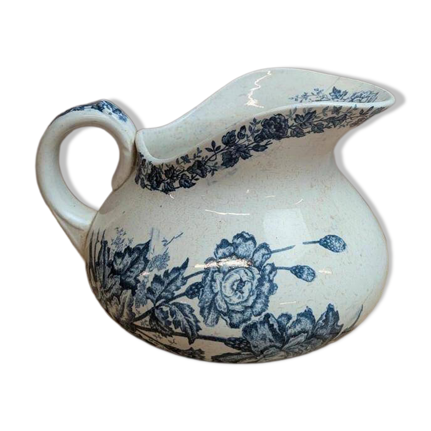 Small chubby antique jug in ironstone – blue floral decoration