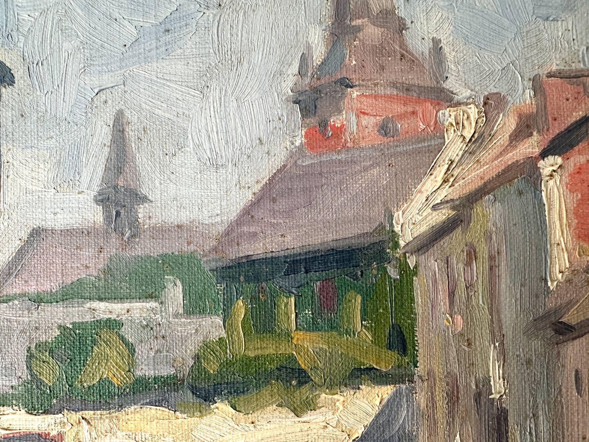 Oil on canvas of a French village "Bavay" 1928, landscape signed and framed.