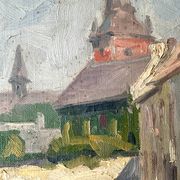Oil on canvas of a French village "Bavay" 1928, landscape signed and framed.