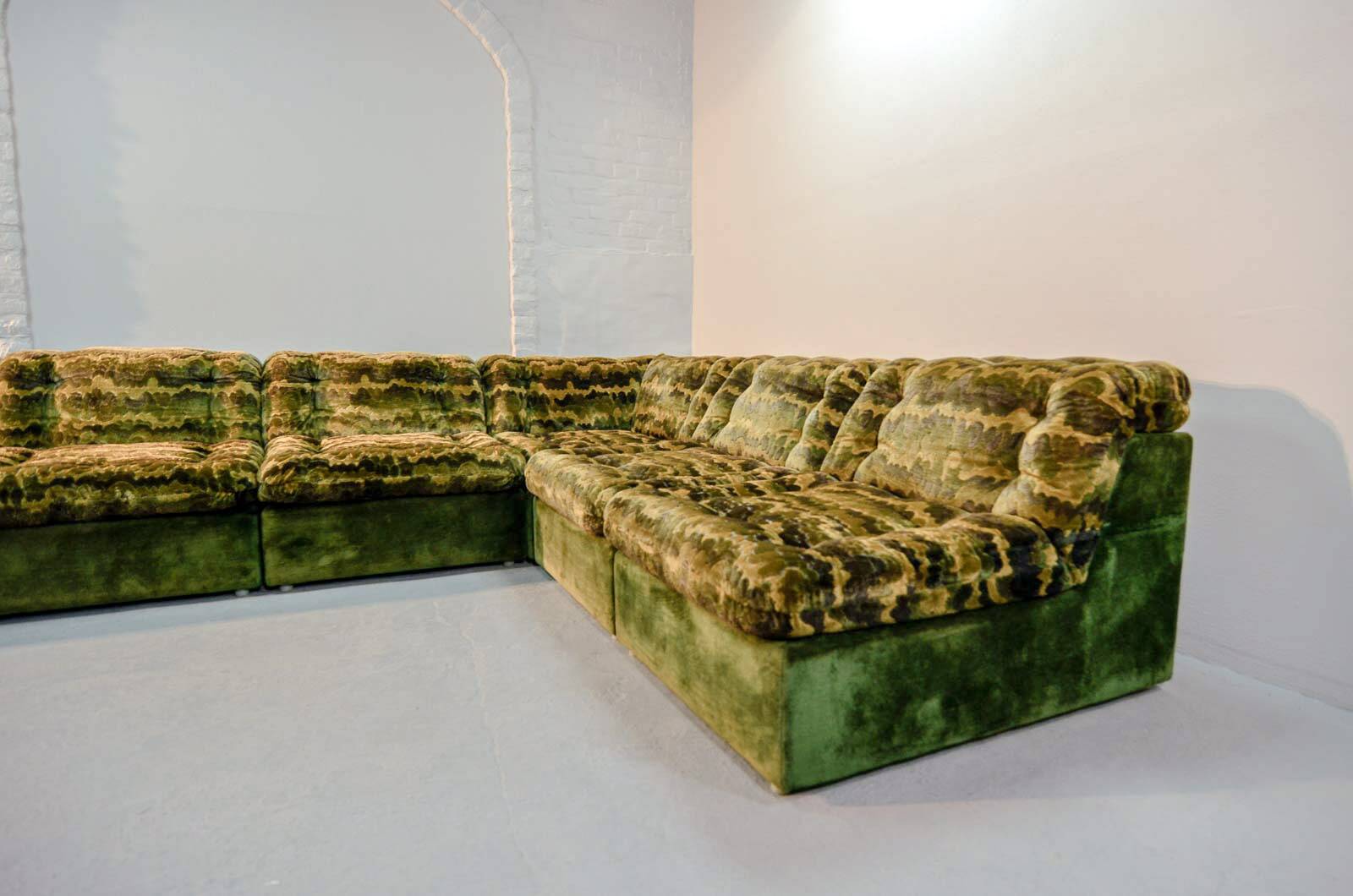 XL Woodstock Style Greenish Velvet Modular Sofa with Ottoman by Laauser 70s