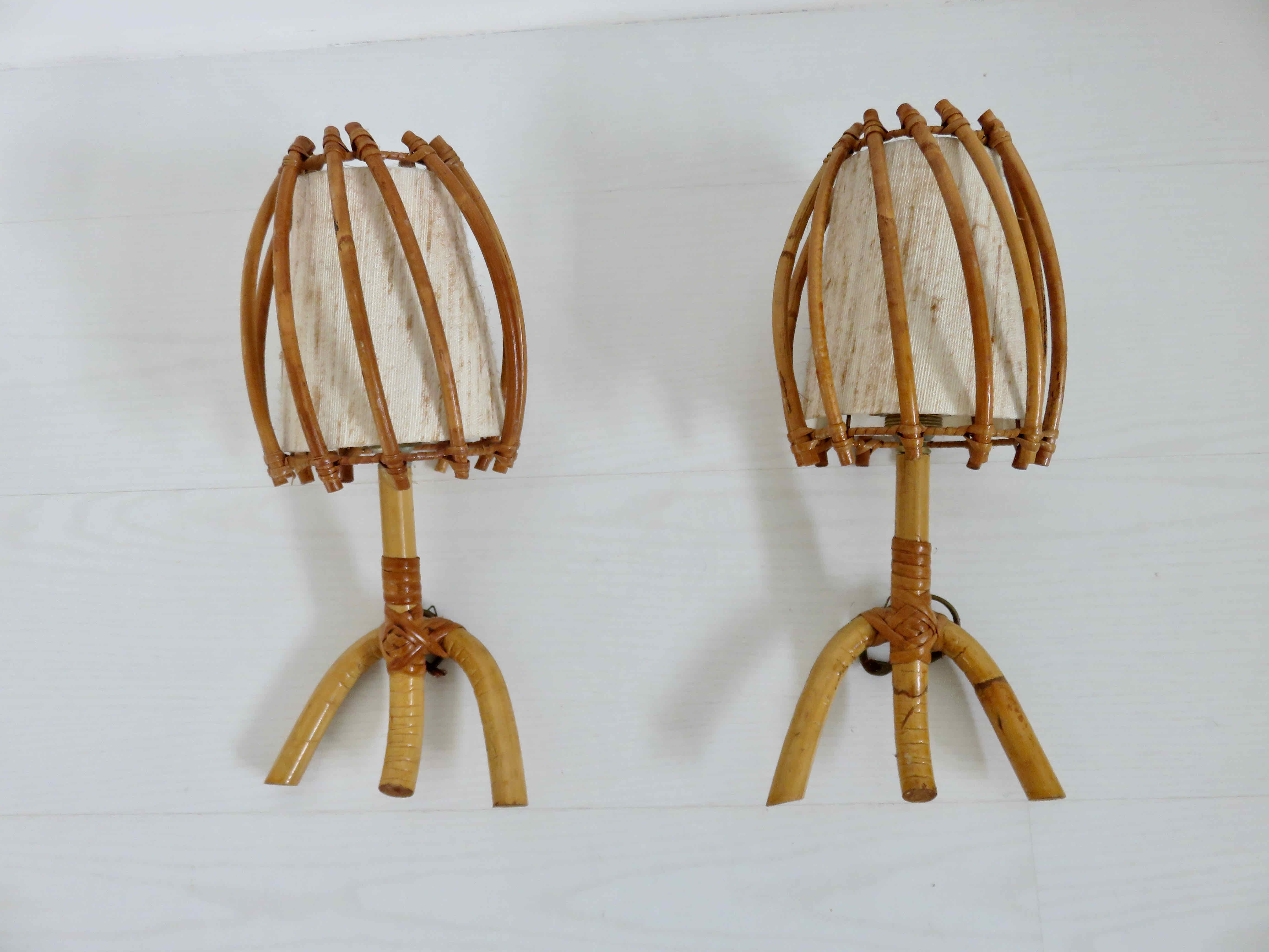 Pair of sconces Louis Sognot in rattan, bamboo 60s