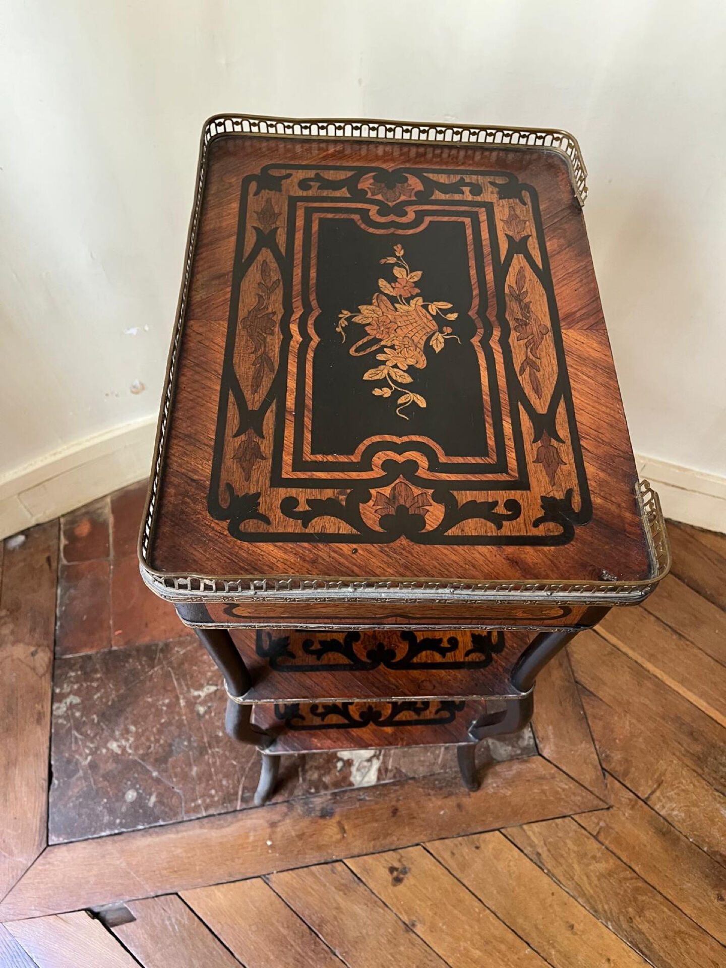 Napoleon III marquetry tiered table — rosewood, brass gallery,