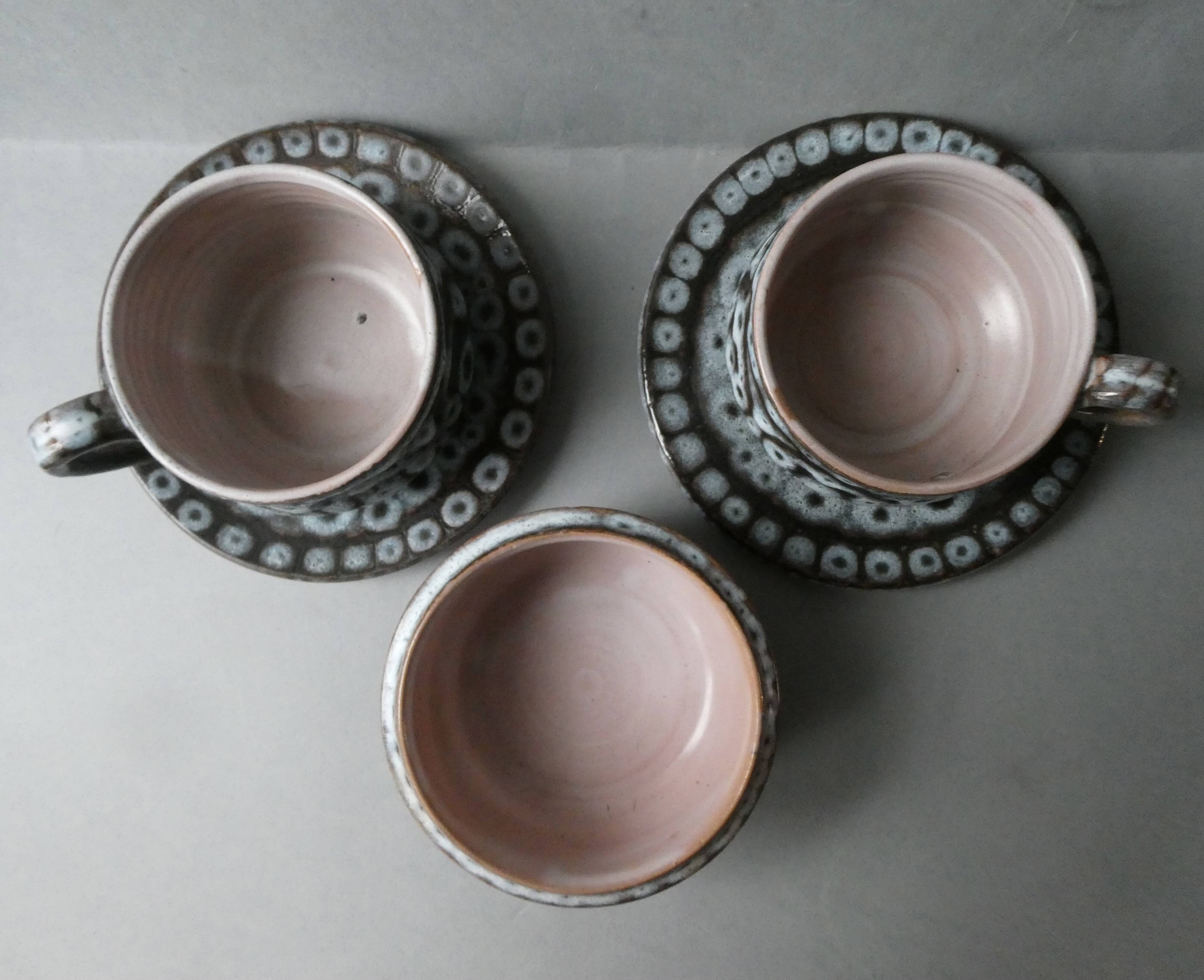 2 cups, 2 saucers and a Vallauris bowl from the 60s