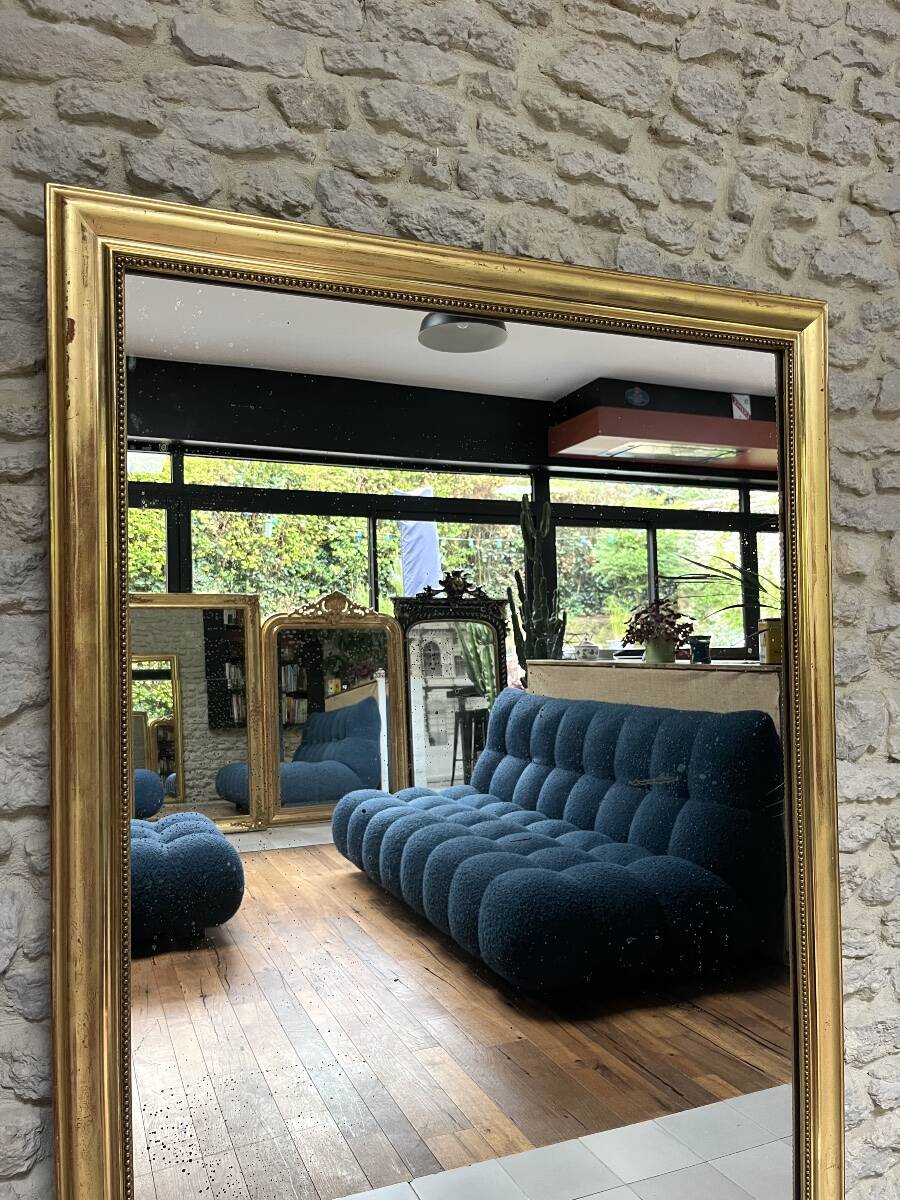 Pearled fireplace mirror 162.5/107.5cm gilded with gold leaf, fireplace trumeau, mirror.