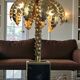 Gold metal palm lamp with glass plate base in 70s style