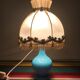 Ancienne lampe chevet corps opaline bleu + abat-jour crème vintage