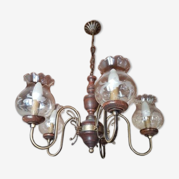 Brass chandelier & tulip wood