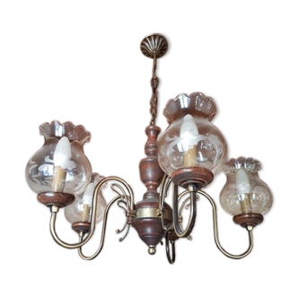 Brass chandelier & tulip wood