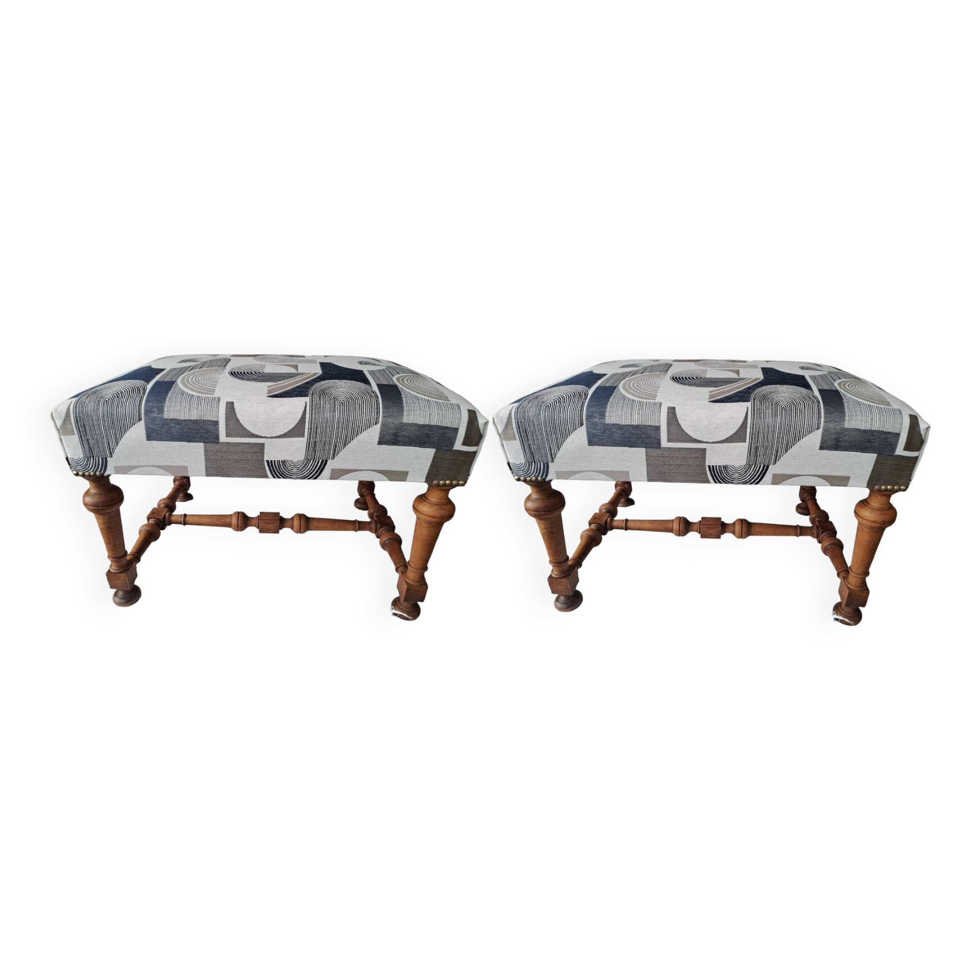 Set of 2 rectangular poufs, art deco footboard, reupholstered, vintage, 1930s/1950s