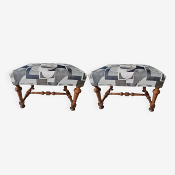 Set of 2 rectangular poufs, reupholstered Art Deco footboard, vintage 1930s/1950s