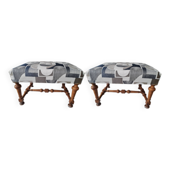 Set of 2 rectangular poufs, reupholstered Art Deco footboard, vintage 1930s/1950s